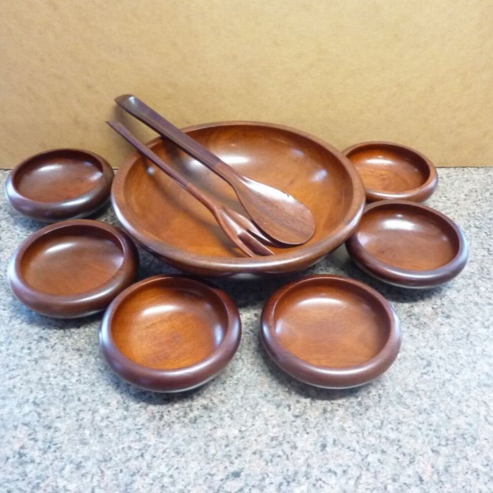 Wooden Salad bowl 9 piece Mahogany set made in Haiti.
